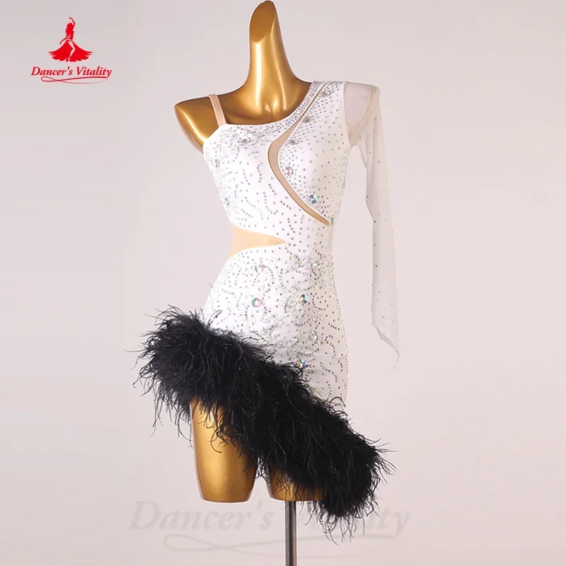 Costumes de Performance de brevLatine pour Femme, Robe Personnalisée Sexy en Plumes de Charbon AB, Robes de Concours Tango Chacha Samba