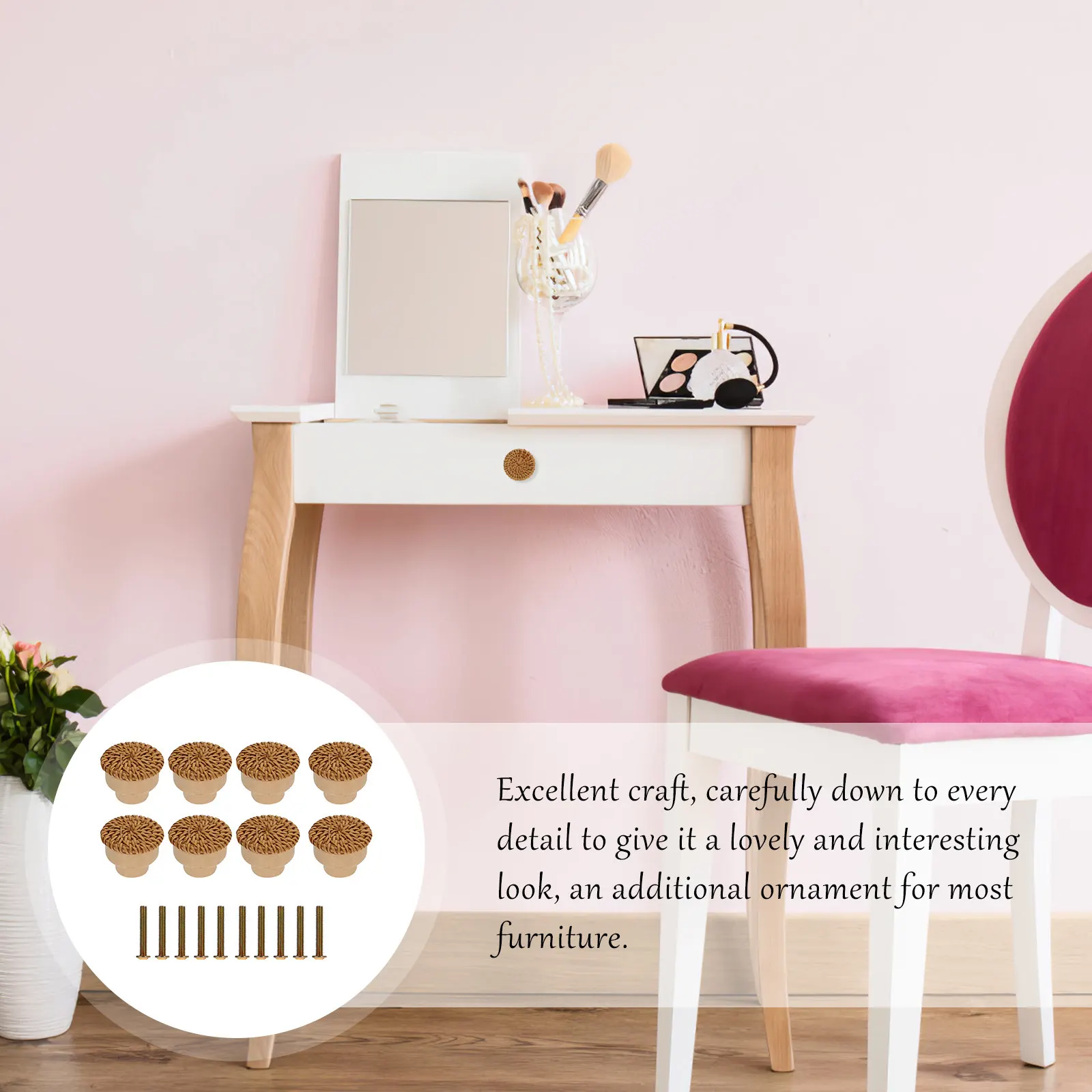 10Pcs Mushroom Head Rattan Knobs Multipurpose Round Wooden Drawer Pulls Handles for Dresser Wardrobe Cabinet Closet