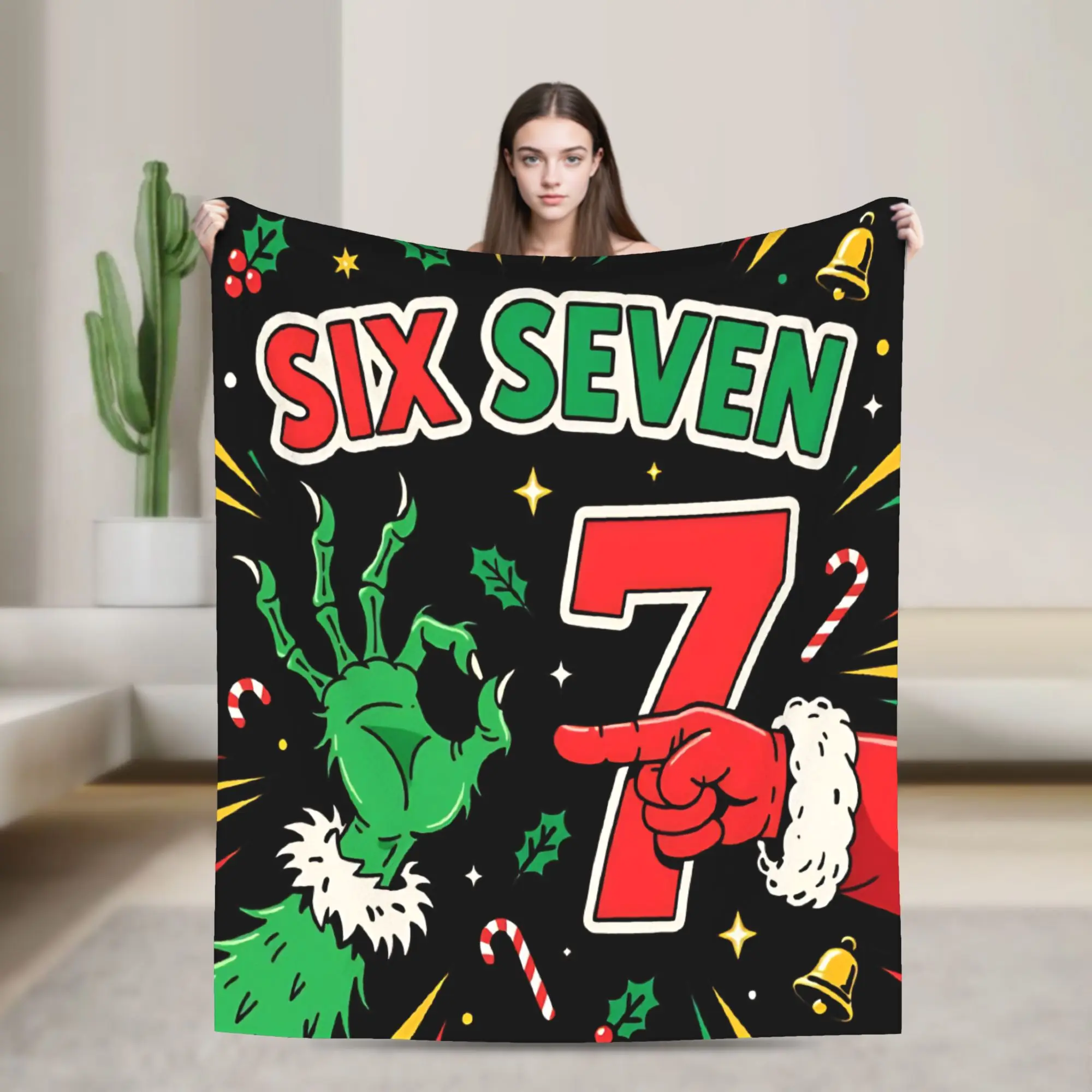 

Six Seven Christmas Meme Santa and Green Hand Blanket Flannel Multifunction Throw Blanket for Bedding Couch Plush Thin Quilt