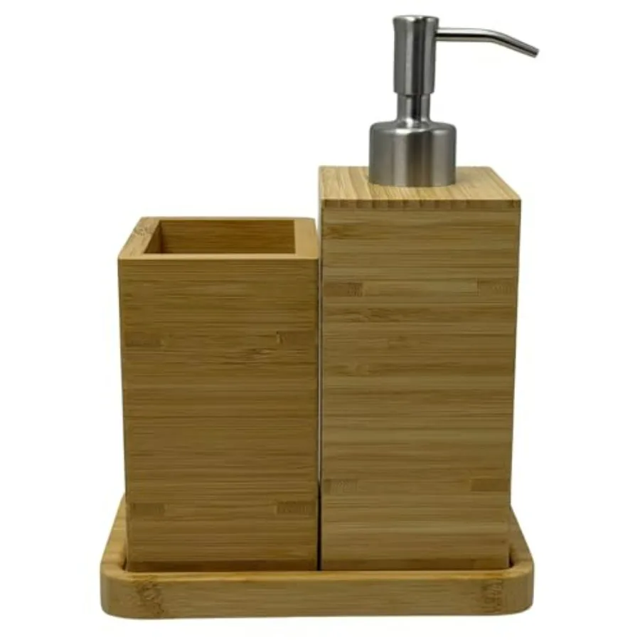 

Набор бамбуковых органайзеров для ванной комнаты из 3 предметов: настольный комплект с дозатором для мыла, подставкой для зубных щеток и лотком для современной ванной и кухни