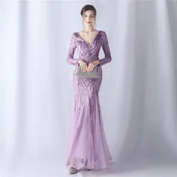 Elegant Purple Deep V Long Evening Dress Sequin Long-Sleeved Backless Tulle Mermaid Maxi Ball Gown Vestido Wedding Women Luxury