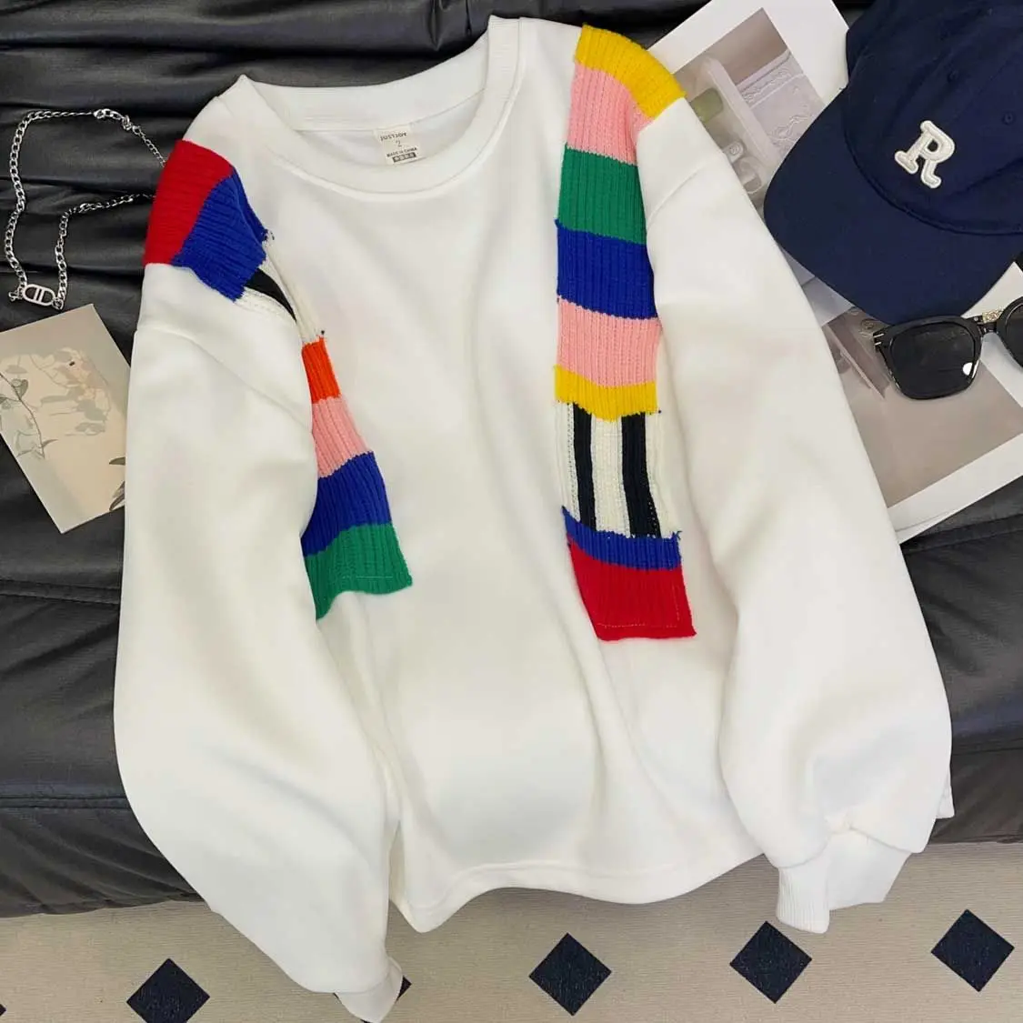 

Женская толстовка больших размеров с круглым вырезом, свободного кроя, с дизайнерскими вставками, весна-осень-зима, новый стиль, для полных женщин (до 300 фунтов), уличный стиль