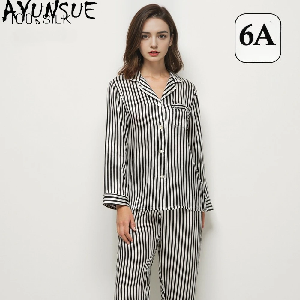 

AYUNSUE 100% Натуральный Шелк (Шелк Тутового Шелкопряда) Пижамный Комплект: Женская Одежда для Сна Весна-Лето, Шелковые Повседневные Брюки 19 мм, Топ с Длинным Рукавом, Полосатый