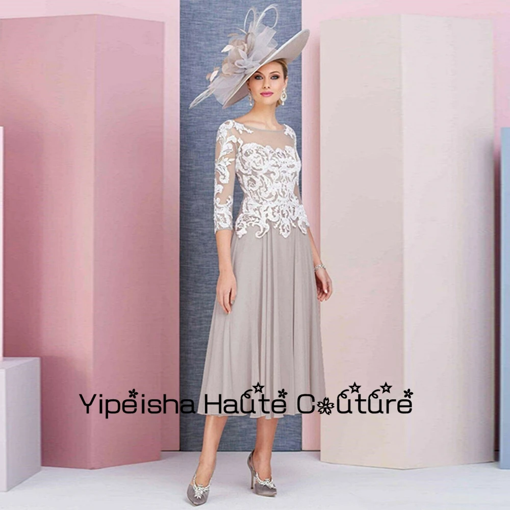 

Yipeisha Taupe Mother Of Bridal Dresses Tea Length Three Quarter Elegant Gowns Lace Scoop Prom 2022 New Summer