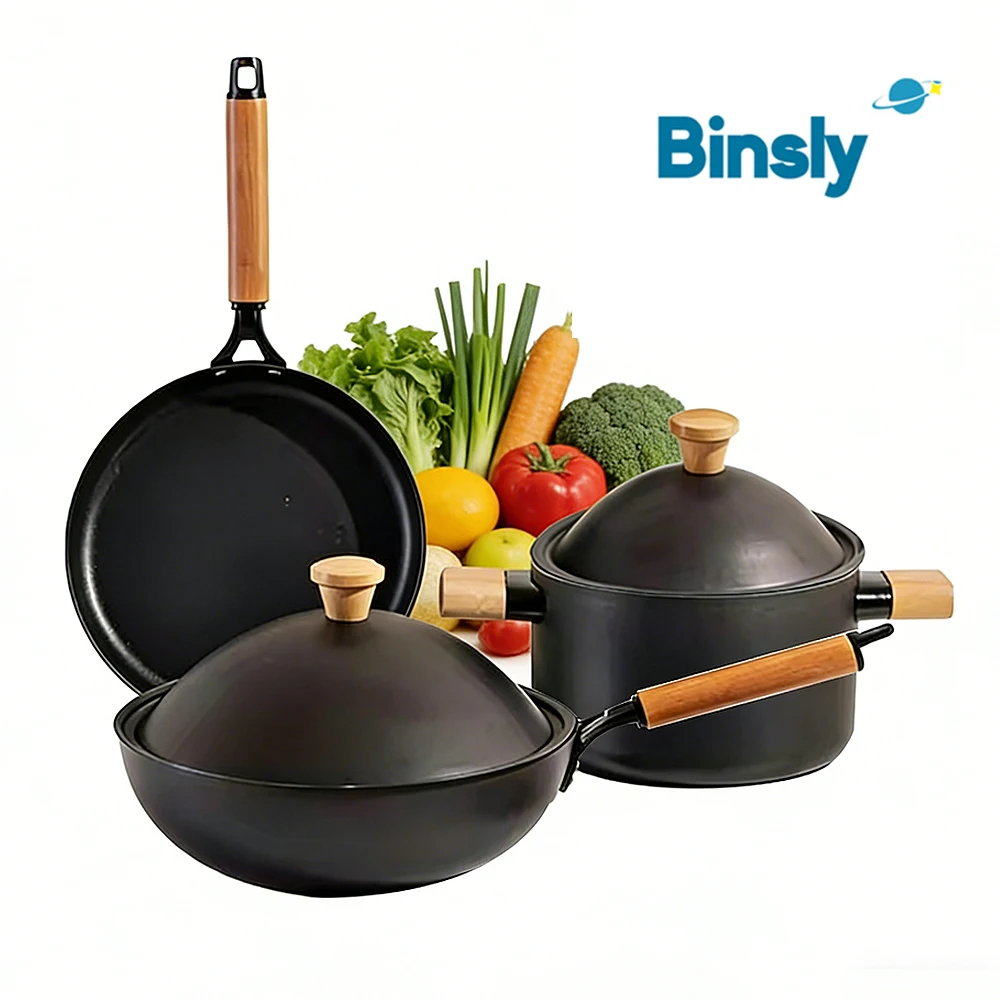 Binsly 3Pcs Cookware Set Non-Stick Metal Frying Pan & Soup Pot with Lids Induction Ready Kitchen Essentials