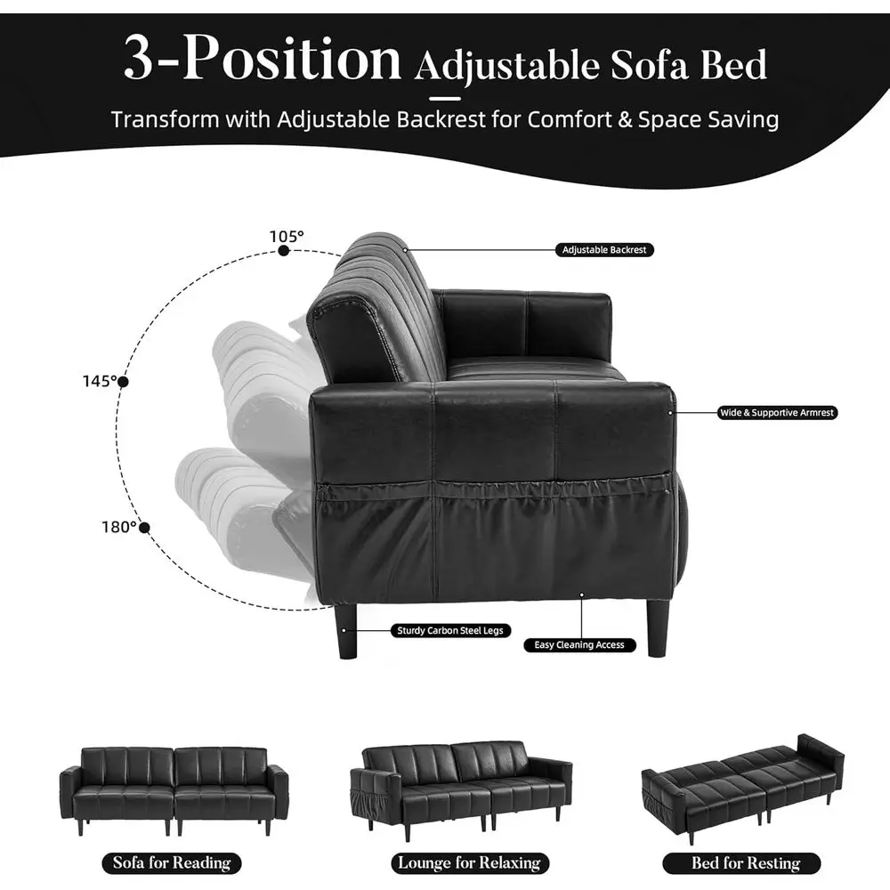 أريكة فوتون حديثة من الجلد الصناعي في منتصف القرن، قابلة للتحويل مع مسند ظهر قابل للتعديل، وجيب تخزين، وإطار خشبي وفولاذي، باللون الأسود #3