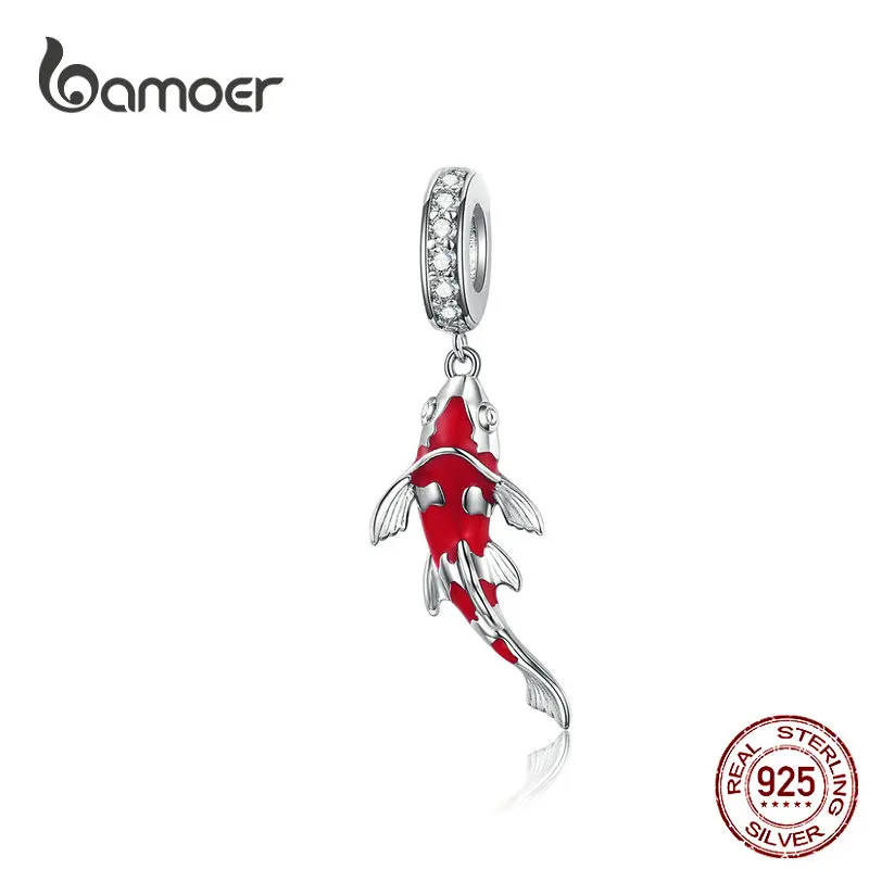 Bamoer 925 Sterling Silber Rot Emaille Fisch Anhänger Glück Koi Baumeln Charme Fit Frauen Armband Halskette DIY Feine Schmuck BSC085