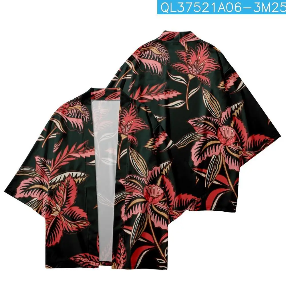 

Couple Women Men Cartoon Red Flower Printed Loose Cardigan Haori Yukata Casual Summer Kimono Beach Shorts Streetwear