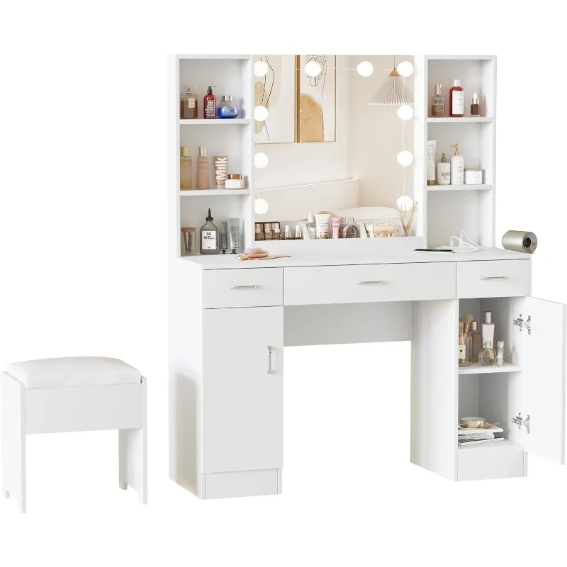 

Makeup Vanity Table with Lighted Mirror & Power Strip, Large Vanity Set Vanity Desk with Lots Storage, 3 Lighting Modes