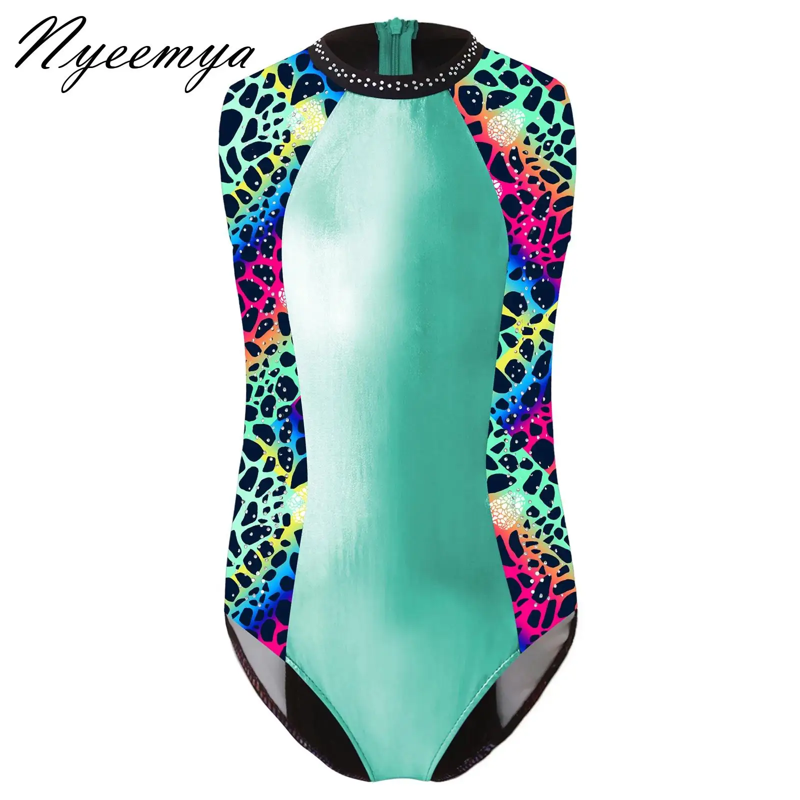 

Kids Girls Ballet Dance Leotard Tops Gymnastics Performance Costume Sleeveless Rhinestones Metallic Skating Body Suit Dancewear