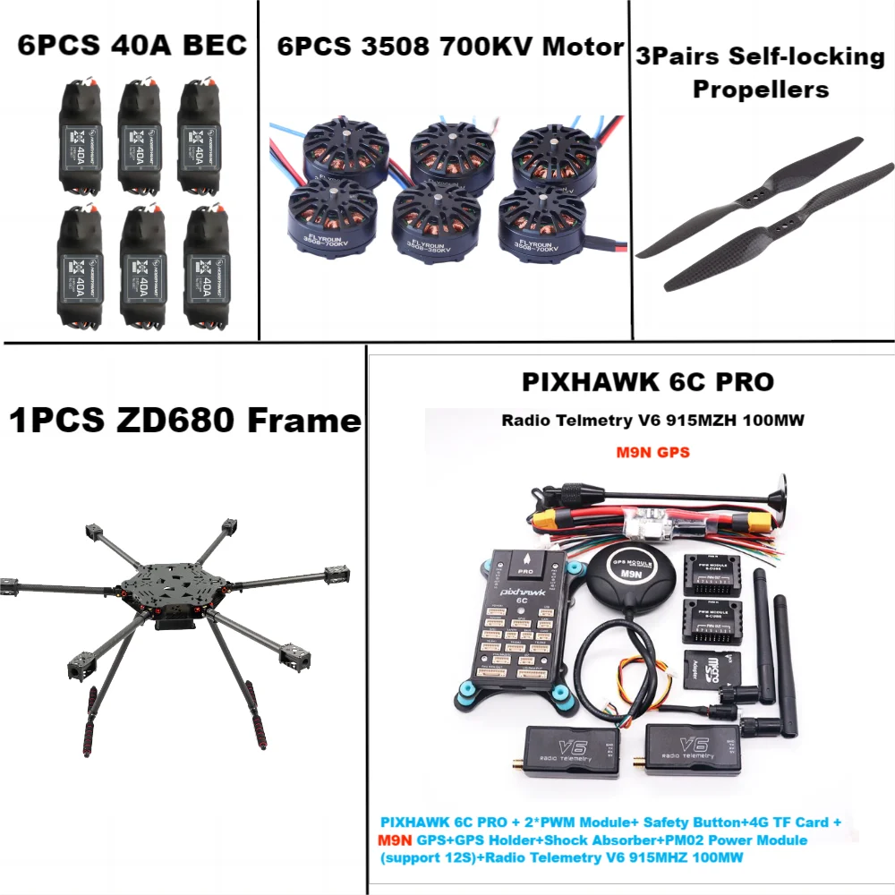 ZD680 6C PRO M8N M9N M10 Kit de cadre hexagonal à bras pliable hexa-rotor entièrement en Fiber de carbone PIXHAWK avec train d'atterrissage indodable