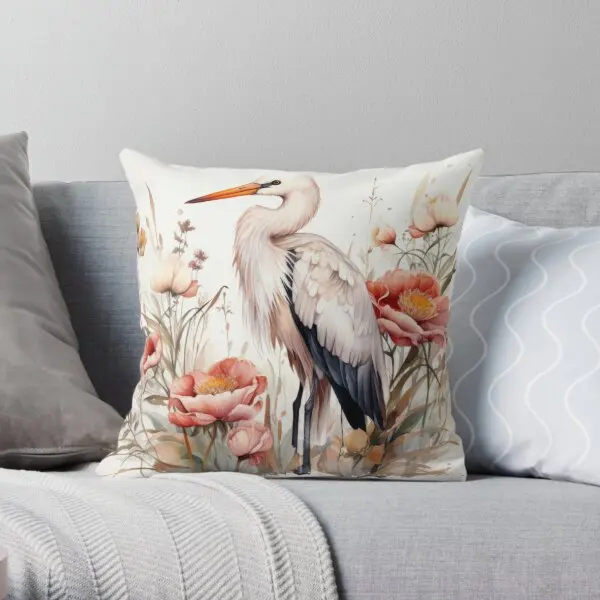 

Watercolour Stork Surrounded By Flowers Printing Throw Pillow Cover Case Comfort Fashion Office Pillows not include One Side