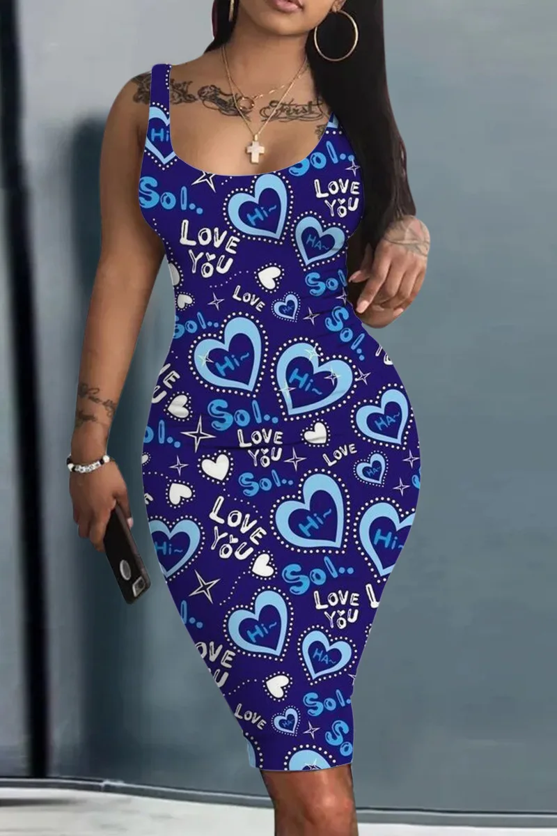 Платье Женское Plus Size Summer Women\'s Dress Large Size Contrast Heart Print U-Neck Sleeveless Casual Bodycon Mini Dresses