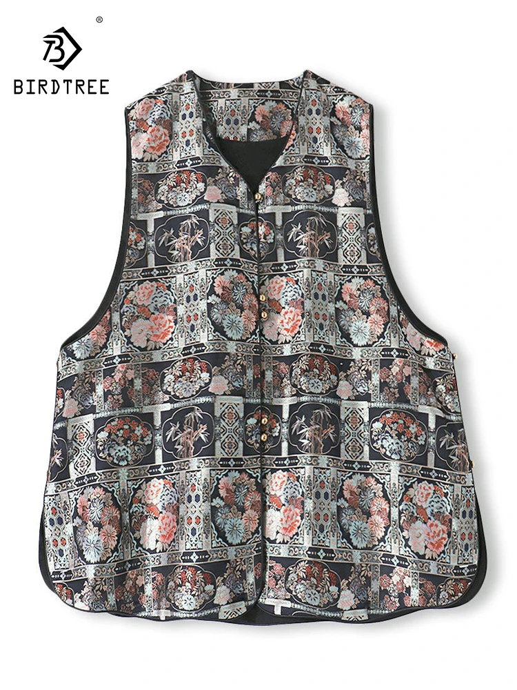 

BirdTree-50MM Silk Song Brocade Elegant Vest, V Neck Floral, Women Vintage New Chinese Style Loose Coat, 2026 Spring T62132CC