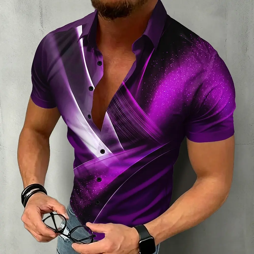 Men Gradient Glitter Abstract Line Short Sleeve Shirts Lapel Button Down Summer Beach Casual Fashion Holiday Vacation Blouse