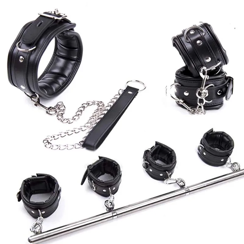 

Stainless Steel Adjustable Spreader Bar Handcuffs Ankle Cuffs Bondage Set Sex Slave Restraints Dog Collar Sex Toys BDSM