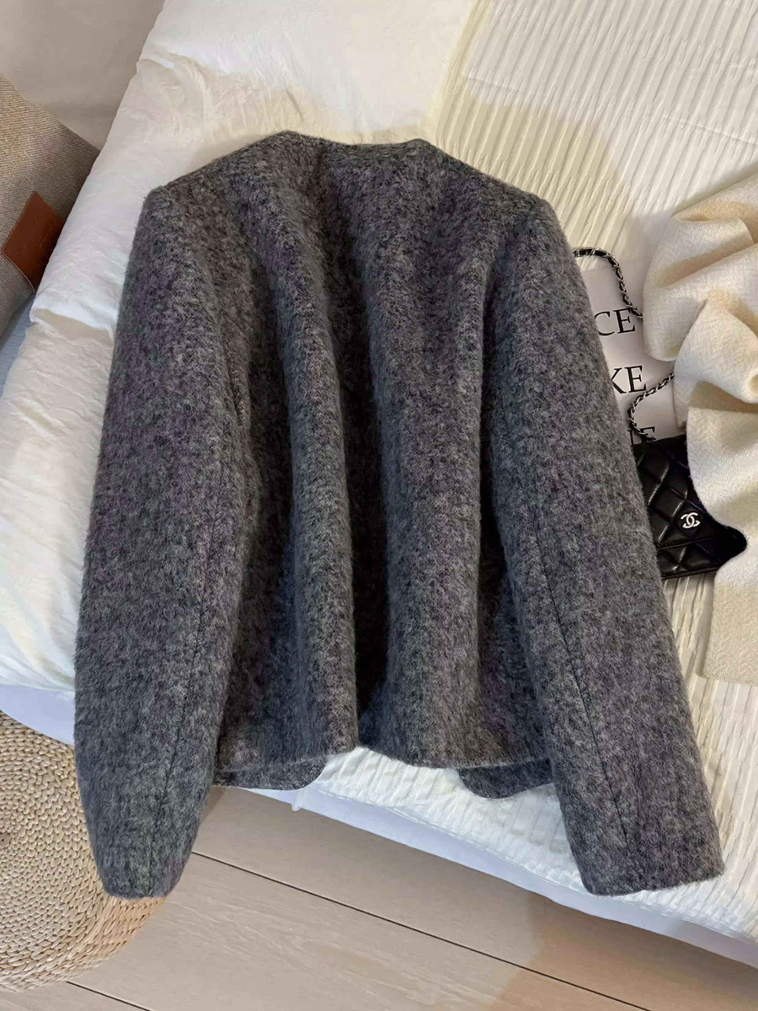 Women's Grey Fuzzy Wool Blend Coat 2026New Collarless Quilted Lined Casual Winter Jacket Elegant Luxury thick warm Outerwear Top