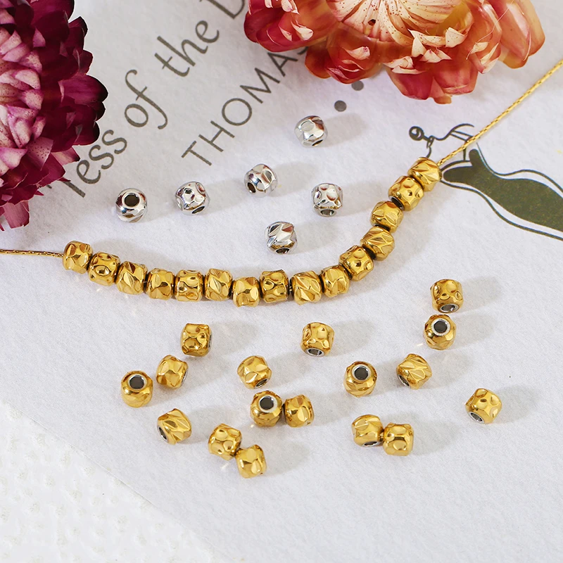 20pcs Stainless Steel 4mm Hammered Twill Textured Tube Loose Spacer Bead Charms PVD Beads for Necklace DIY Jewelry Findings