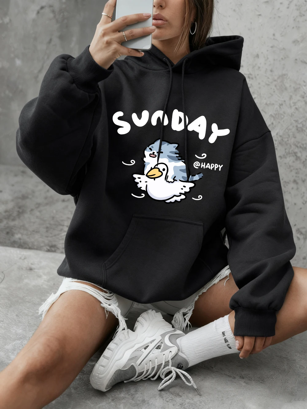 

Толстовки с принтом кота и утки Happy Sunday, женские базовые толстовки с круглым вырезом, повседневные свободные пуловеры, зимняя флисовая теплая мягкая одежда