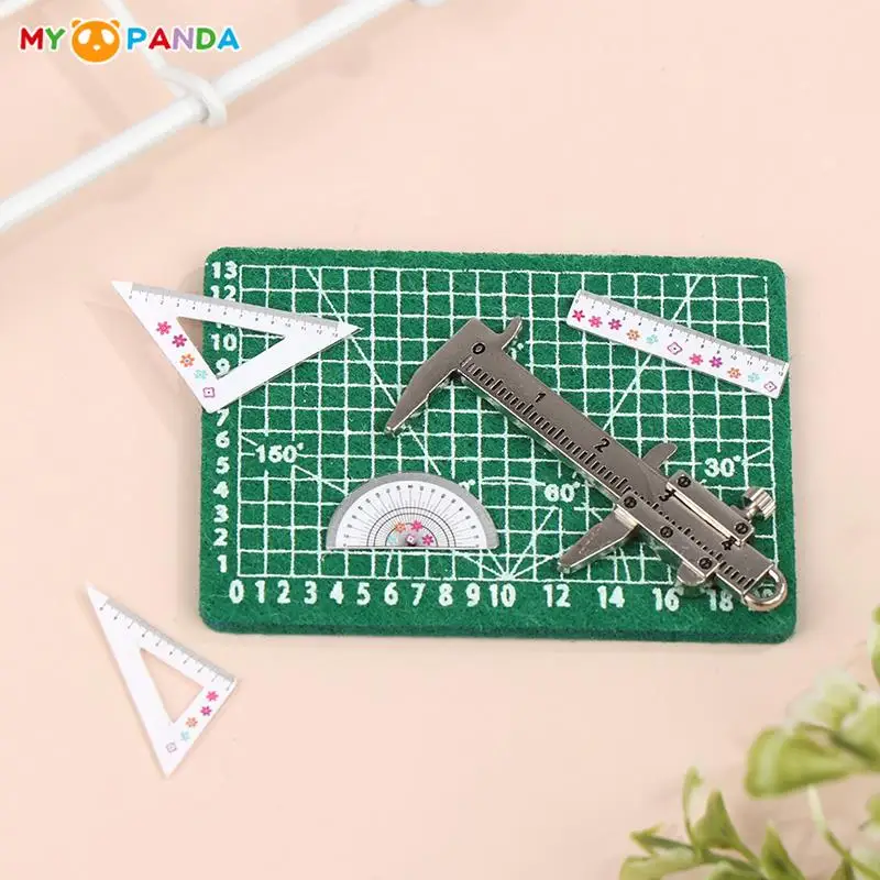 6Pc/Set 1:12 Dollhouse Miniature Vernier Caliper Triangular Ruler Straightedge Cut Board Doll Learning Supplies Model Home Decor