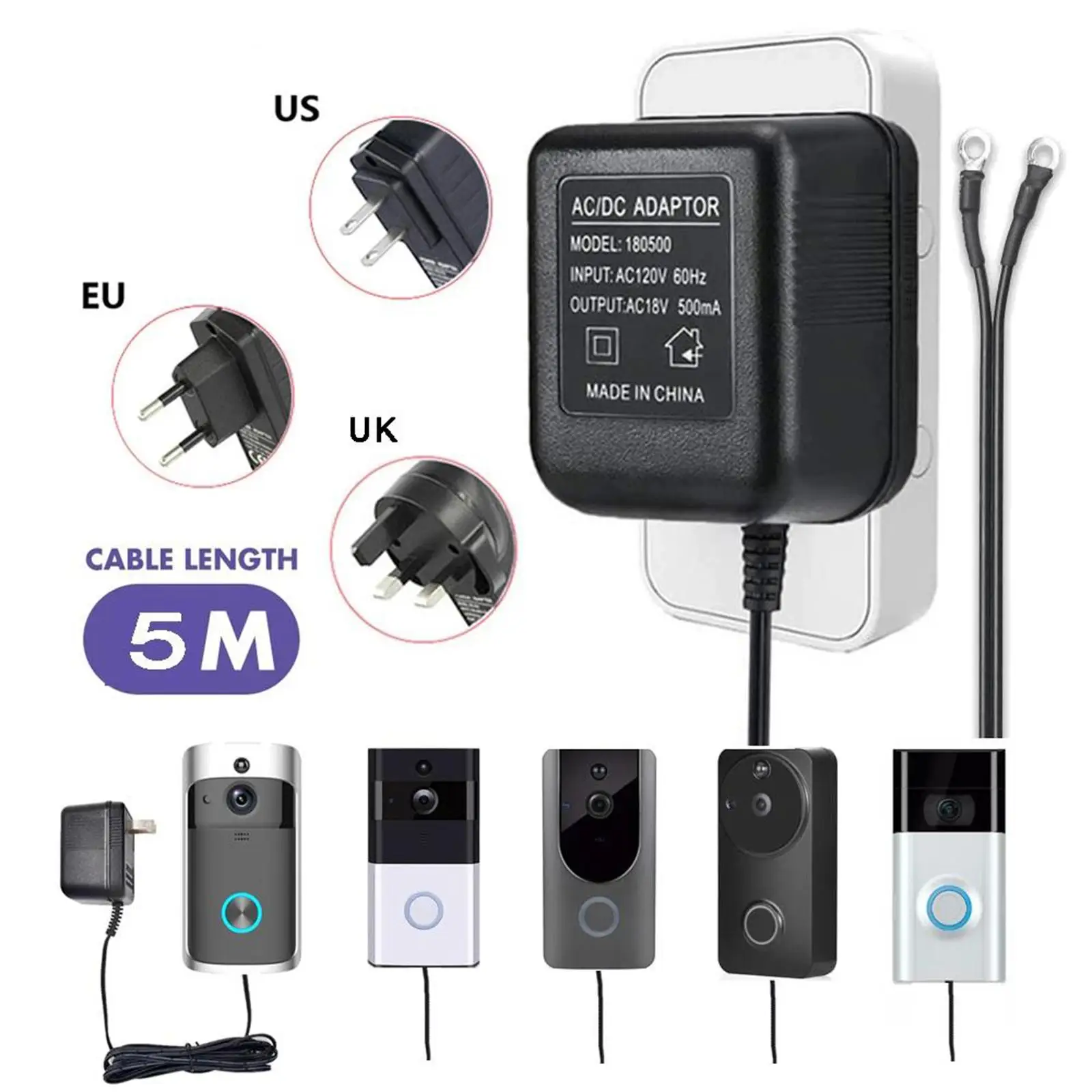 Power Supply Battery Charger Adapter Plug for Ring Doorbell, with 5 meters long cable, Continuous Charging