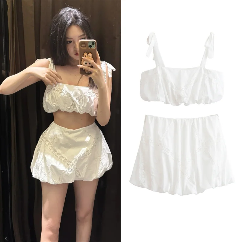 

Women's Suits New Summer 2025 Suspenders Lace Lace Stitched Blouse Mini Skirt Set Embroidered Decorative Design Sexy and stylish