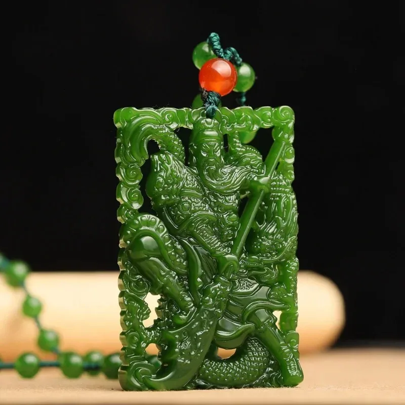 Natural Green Handmade Double-sided Carving Guan Gong Pendant Fashion Boutique Men's and Women's Wu Caishen Necklace