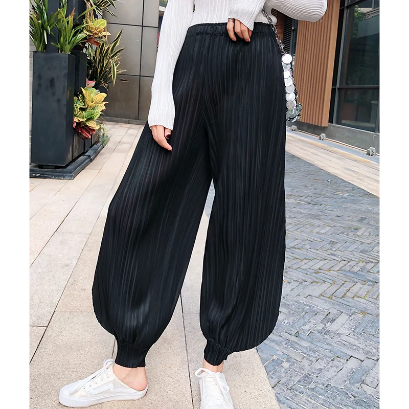 Miyake Pleated Classic Women Pants Bloomers Trousers 2023 Summer Wide Leg Loose High Waist Elegant Causal Pants