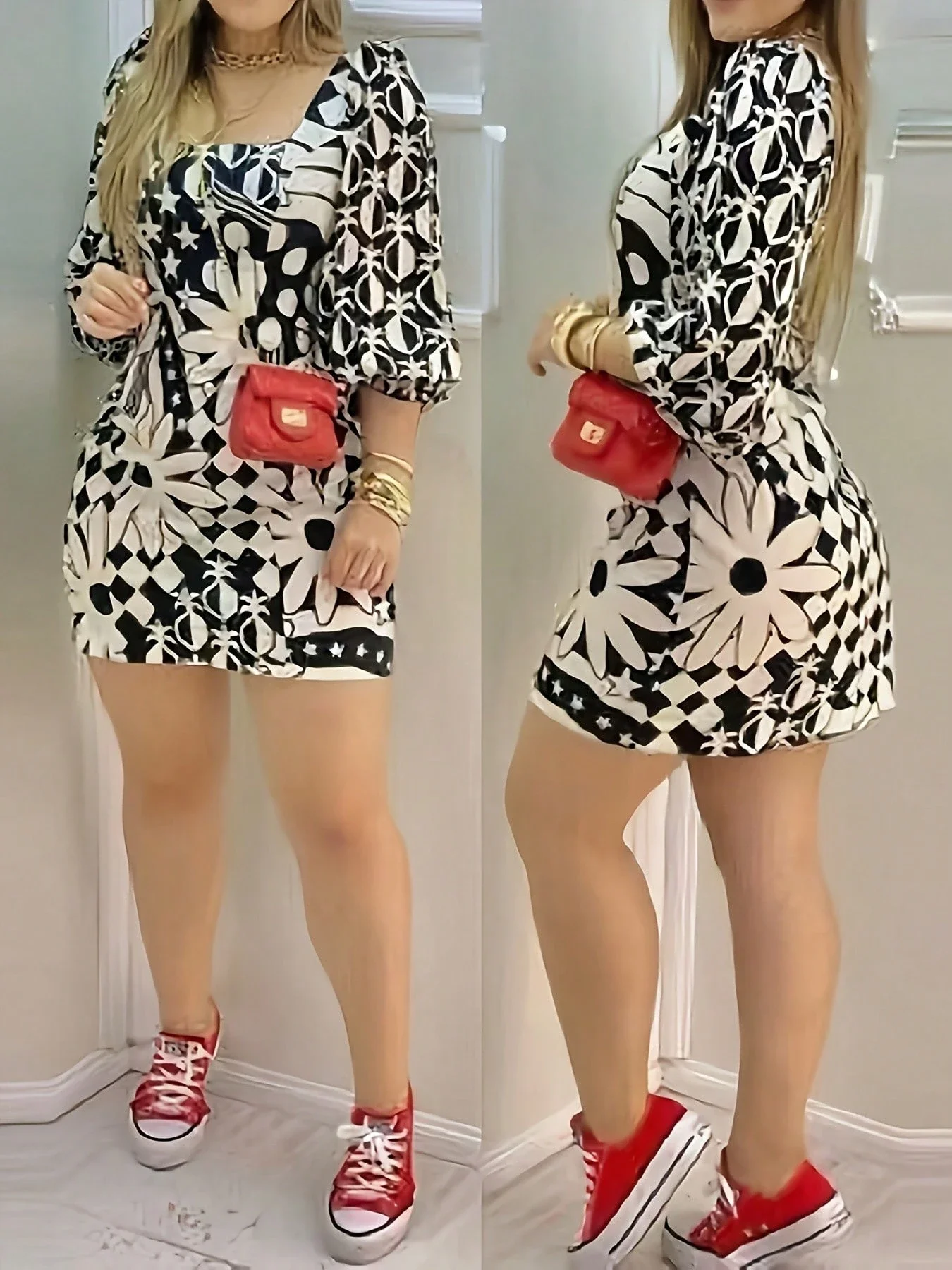 

Повседневное мини-платье с цветочным и геометрическим принтом для женщин на лето