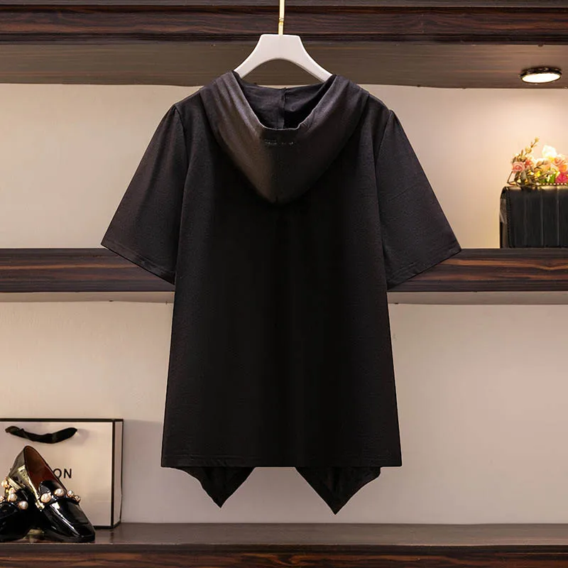 150Kg Plus Size Women\'s Summer Western Style Irregular Hooded Top Bust 149 Loose Short-Sleeved T-Shirt Black 5XL 6XL 7XL 8XL 9XL