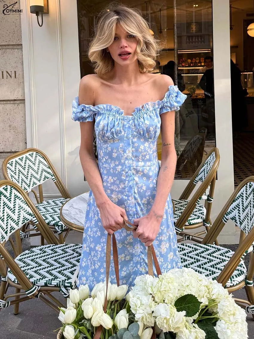 

Oymimi Fashion Blue Print Women's Dress Elegant Strapless Ruffled Single Breasted Dresses Autumn Straight Mini Dress Streetwear