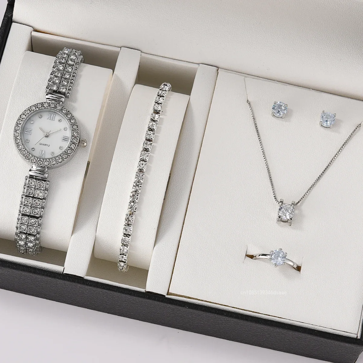 6pcs/set Jewelry Sets Women Quartz Watch Luxury with Stainless Steel Strap Clock Rhinestone Ring Necklace Earrings (no Box)