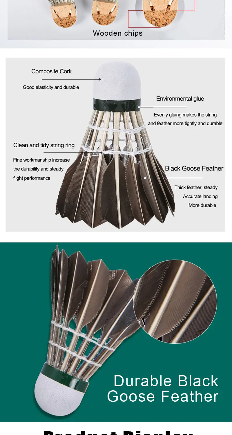 ALP 806 Badminton-Federbälle, 12 Stück, schwarze Gänsefeder-Badmintonbälle für das Training von Badminton-Sportarten, 77 76 Geschwindigkeits-Federball – Detail 7