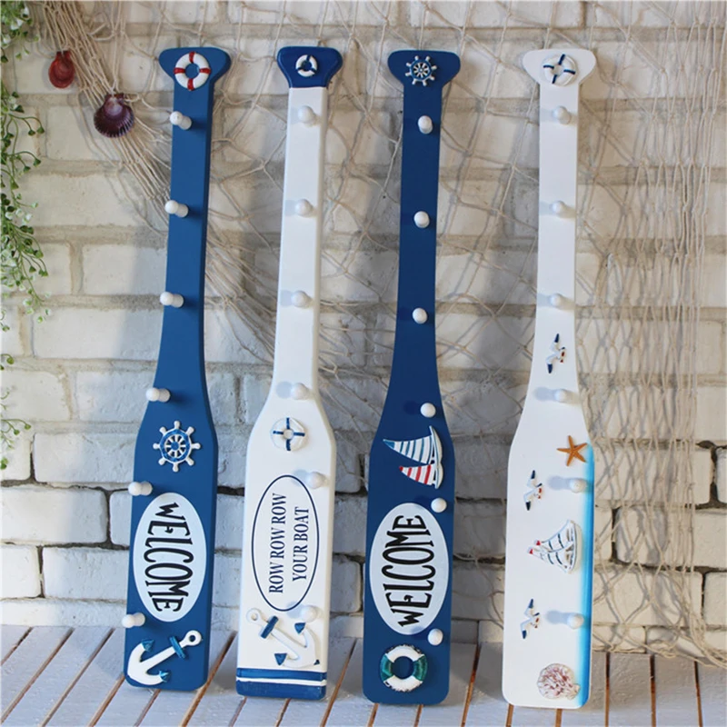 Mediterranean Decorative Paddle Wooden Rowing Wall Hanging Pendant Vintage Coat Rack Towel Hanger Hook Bar Home Decor Beach Them