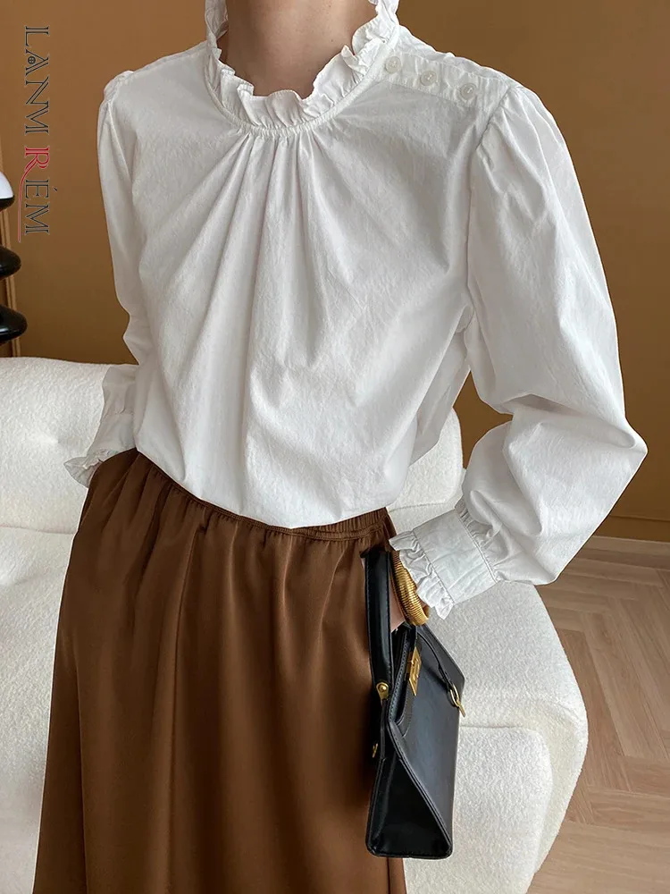 

[LANMREM] Fungus Pullover Shirt Women's Solid Long Sleeve Office Lady Elegant Blouses Female Top 2024 Autumn New 26D9968