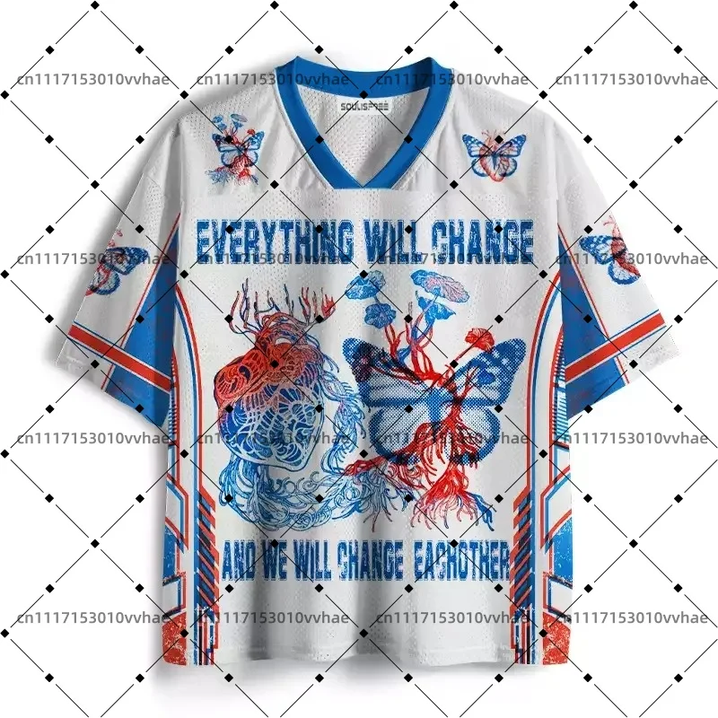 Everything Will Change Mesh Jersey Design Digital Print V-Neck T-Shirt Comfortable Sports Short Sleeve