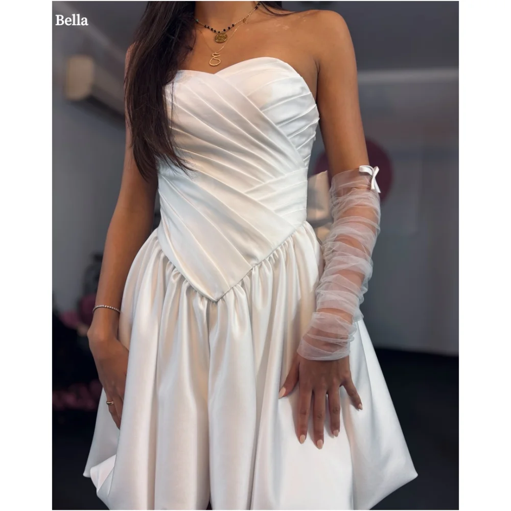 

Bella Customized White Sleeves Mesh Fabric robes de soirée Satin Strapless Sleeveless Party Dresses Knee-Length Prom Dress 2025