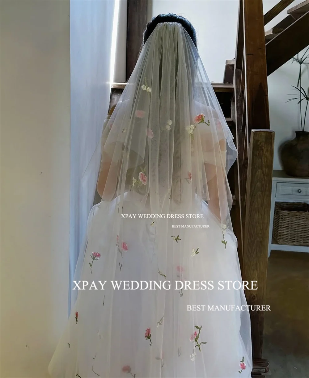 Xpay querida coreia uma linha vestidos de casamento tule macio sem alças vestido de noiva sessão de fotos personalizado rendas apliques vestido de noiva