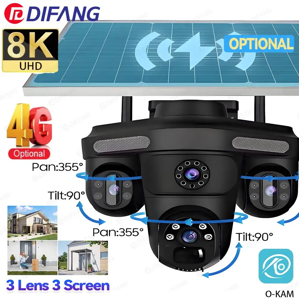 

8K 15MP 4G Sim Card Solar Cam Outdoor AOV 27/7 Record Solar CCTV Triple Len Three Screen Battery Wireless Solar Surveillance Cam