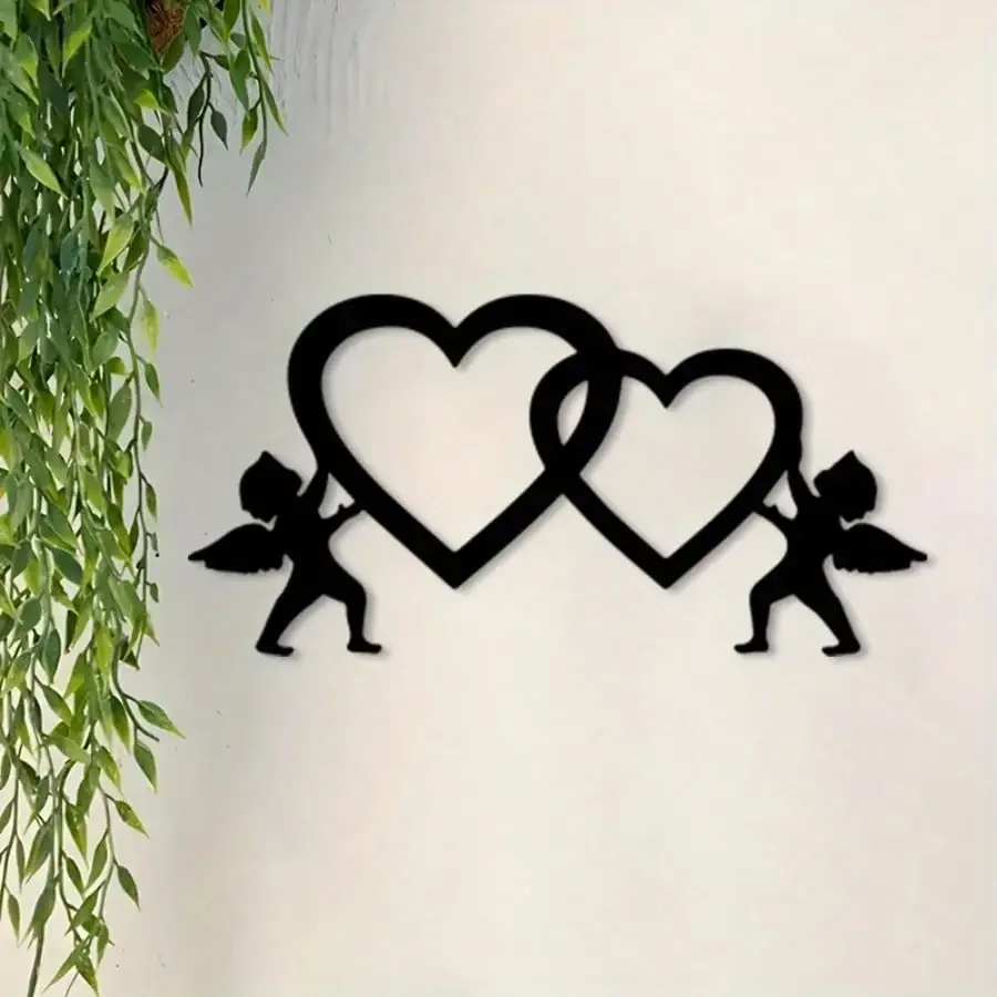 Pretty Double Hearts Cupid Metal Wall Art, Elegant Interlocking Hearts Angel Silhouette Iron Wall Hanging Bedroom Wall Decor