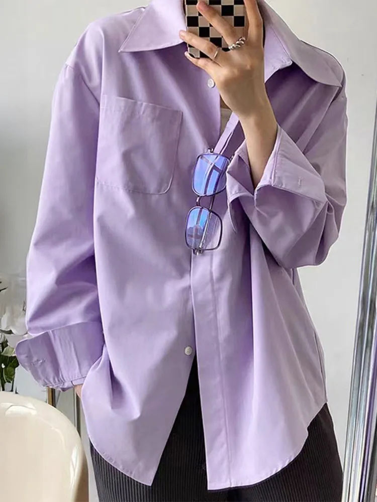 

Bonboho 202, осенняя новая женская курортная повседневная рубашка, фиолетовая свободная футболка с воротником с лацканами и длинными рукавами, элегантная блузка на выход