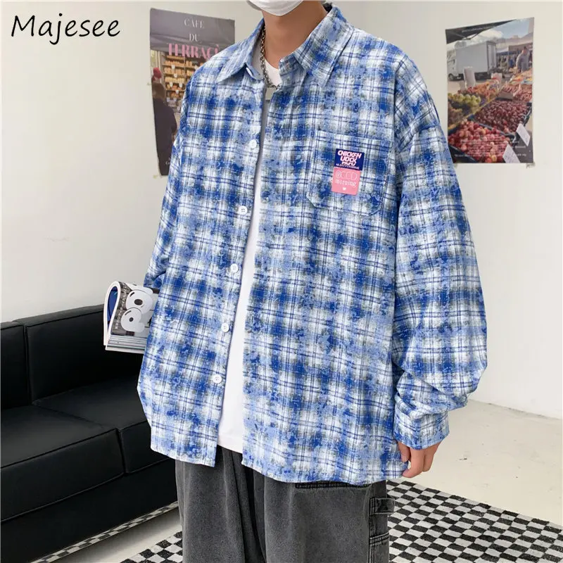 

Blue Long Sleeve Plaid Shirts Men Design Teens Dynamic Hipster Casual Fashion High Street College Unisex Clothing Camisa Popular