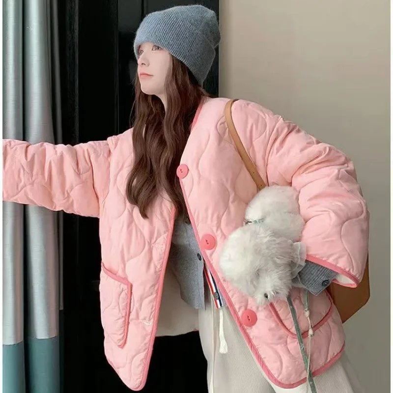 Korean Style Fashion Sweet Cute Pink Cotton Jacket Coats Women Winter Loose Casual Single Breasted Top Quilted Outerwear Coat