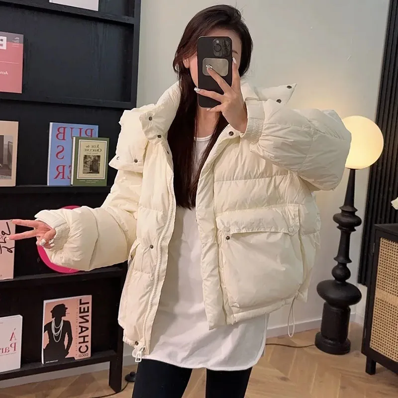 Winter Women Short Casual Down Jacket White Duck Down Korean Fashion Down Coat Hat Detachable Zippers Loose Female Down Jacket