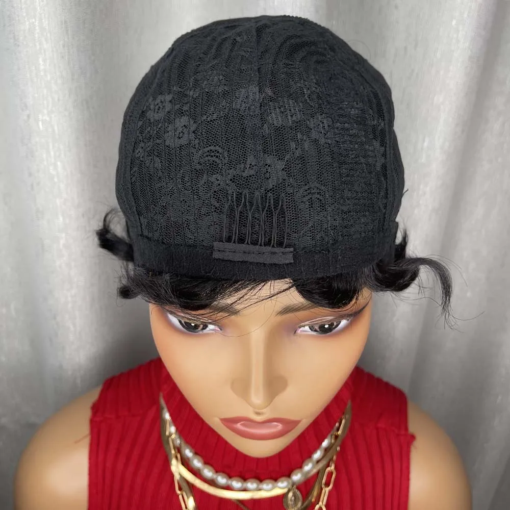 Krótka peruka pixie, naturalna czerń, włosy ludzkie, teksturowana, falowana, warstwowa peruka bob, wykonana maszynowo, dla czarnoskórych kobiet.