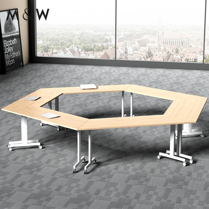 custom.&Office Furniture Meeting Room White Folding Table with Wheels Training Mobile Metal Frame Table