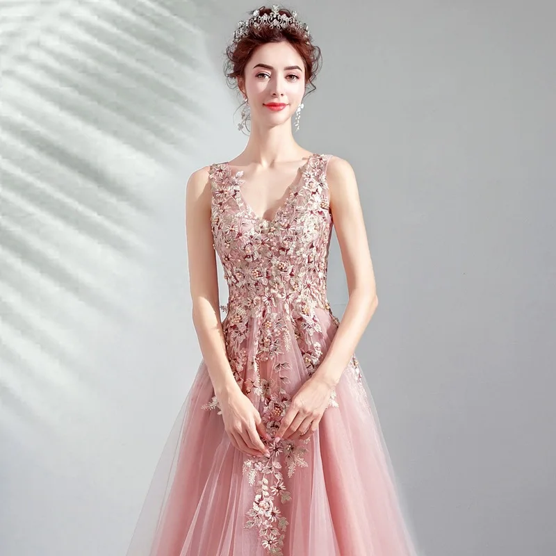 Robe de soiree Sexy Rosa V-ausschnitt Perlen Lange Elegante kleider Meerjungfrau Abendkleider Vestido de festa Prom kleider Party kleider