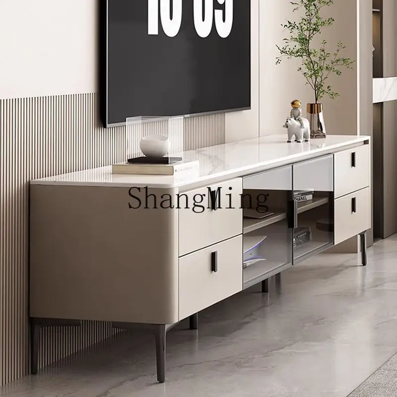 

CL Rock Slab TV Cabinet and Coffee Table Set for Living Room, Small Apartment Gray Light Luxury Solid Wood TV Cabinet