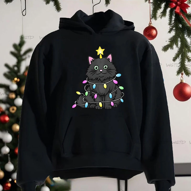 Women’s Graphic Funny Comic Black Cat Christmas Long Sleeves Hoodies Casual Cartoon Creative Merry Christmas Female Sweatshirts