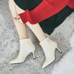 Footwear Short Shoes for Woman Leather White Pointed Toe Booties Women's Ankle Boots Elegant with Medium Heels Work Comfortable